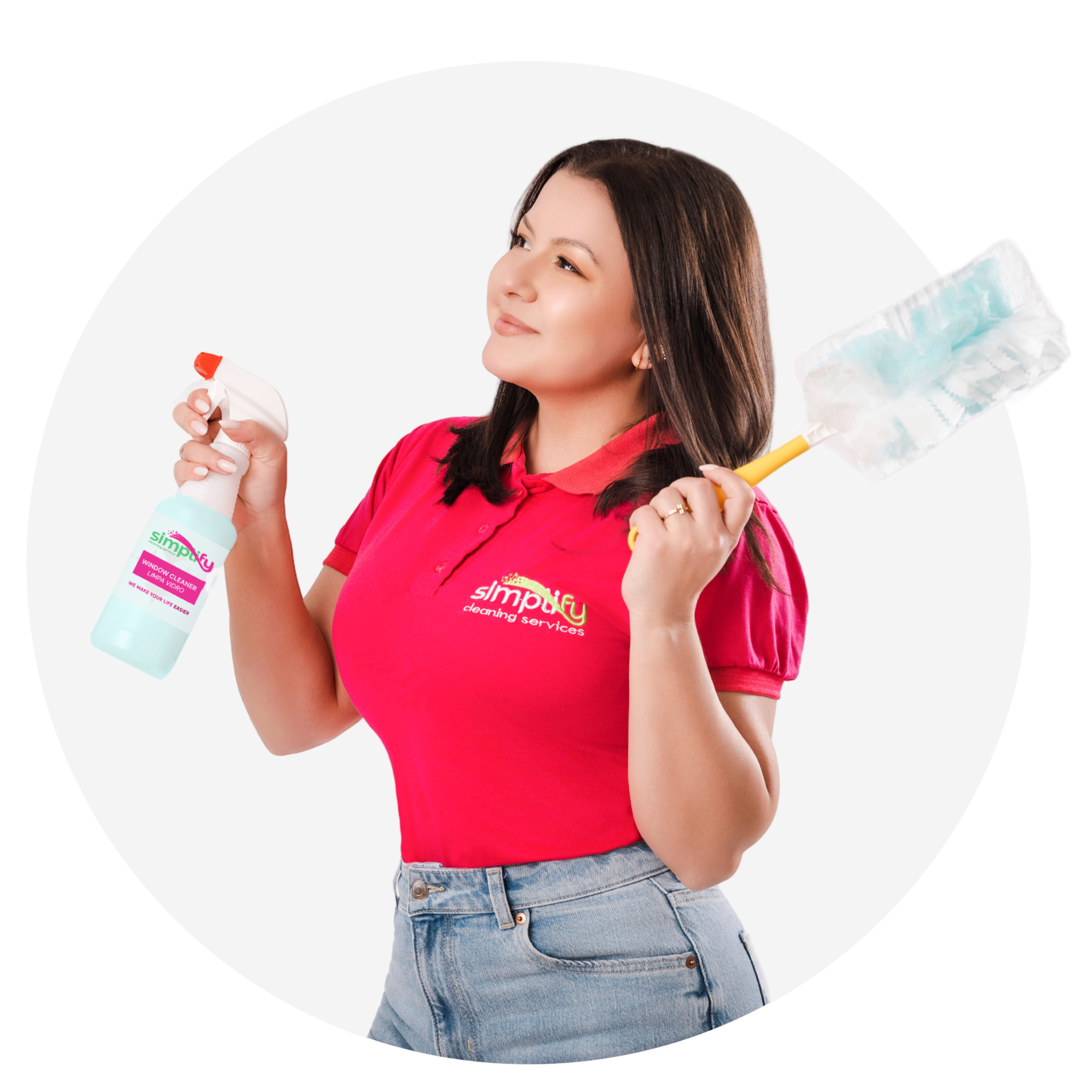 Professional cleaner from Simplify Cleaning Services wearing a red uniform, holding a cleaning spray and duster, ready to deliver top-quality residential and commercial cleaning in Leominster, MA, and surrounding areas. Trusted cleaning company for spotless homes and offices.