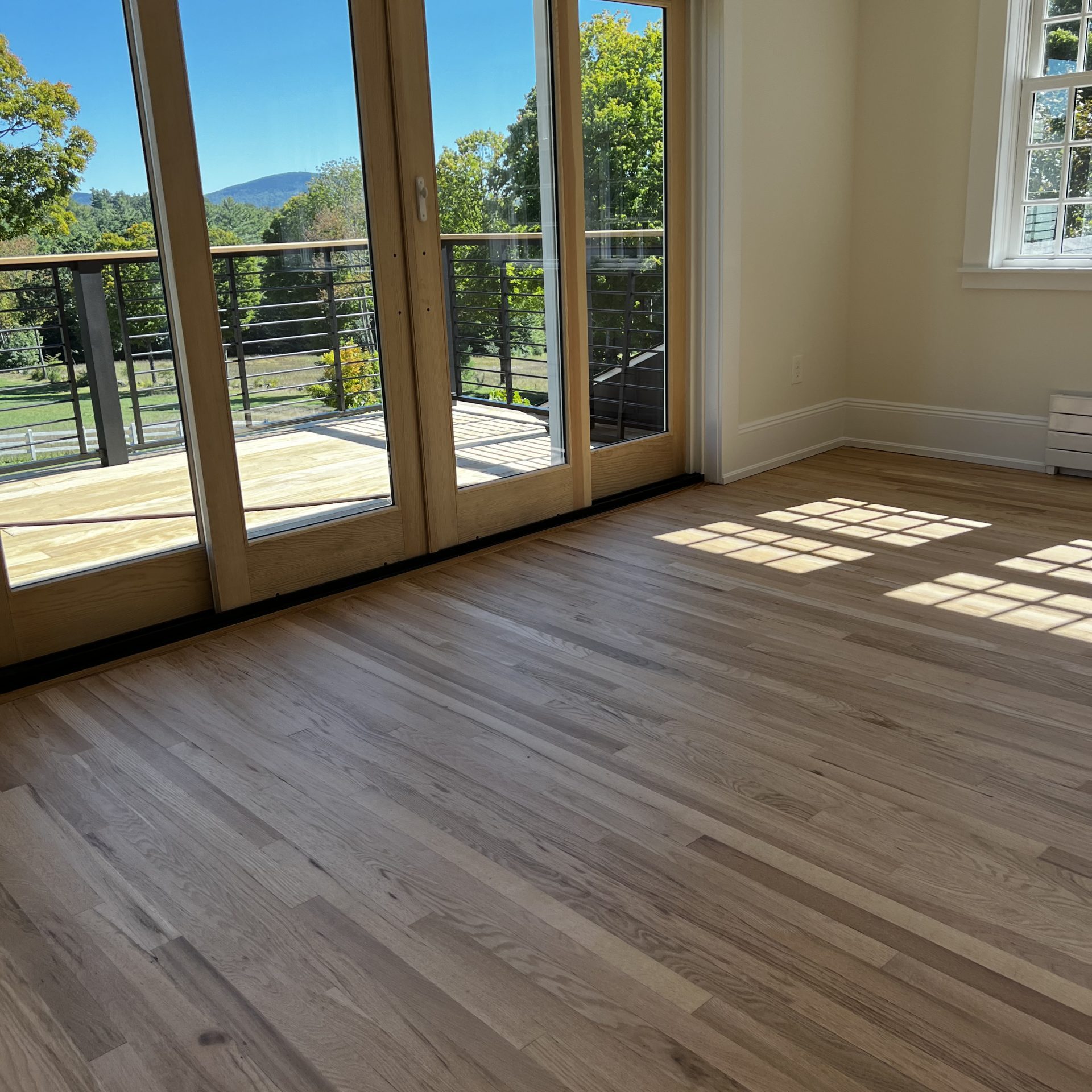 Professional deep cleaning results showing spotless light oak hardwood floors and streak-free glass sliding doors in a sun-drenched living area.